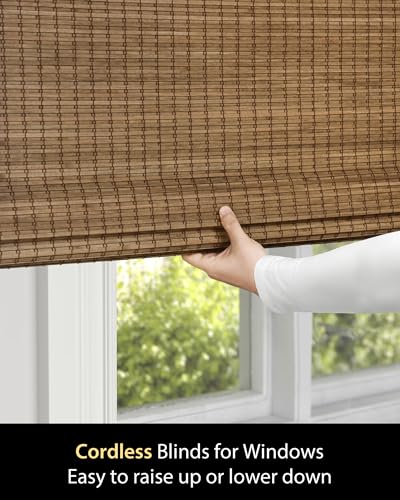UNISHADES Cordless Bamboo Roman Shades, 34×64 in, Highfield Teak | Wide Bamboo Strip Weaving Technique, High light-blocking capacity, High Level of Privacy Protection