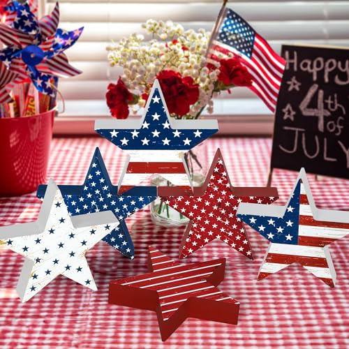 6 PCS 4th of July Wooden Signs, Red White Blue Star Patriotic Table Decor | Stable Base for Steady Standing, 4th of July Decorations, Table Shelf Tray Decor, 250th Anniversary, Memorial Day Display