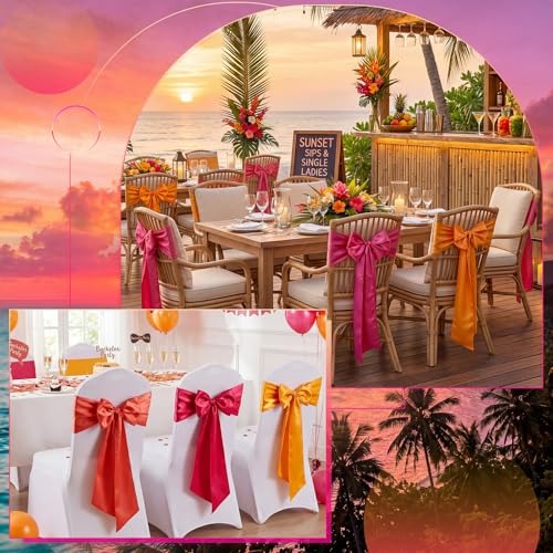 12 Pcs Pink and Orange Satin Chair Sashes Bows, 6 Orange & 6 Hot Pink Chair Ties for Sunset Wedding Reception Party Banquet Decorations, Universal Cover Sashes