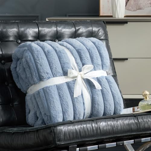 Cozy Bliss Faux Fur Throw Blanket for Couch, Cozy Warm Plush Striped Blanket for Sofa Bedroom Living Room, 50 * 60 Inches Light Blue