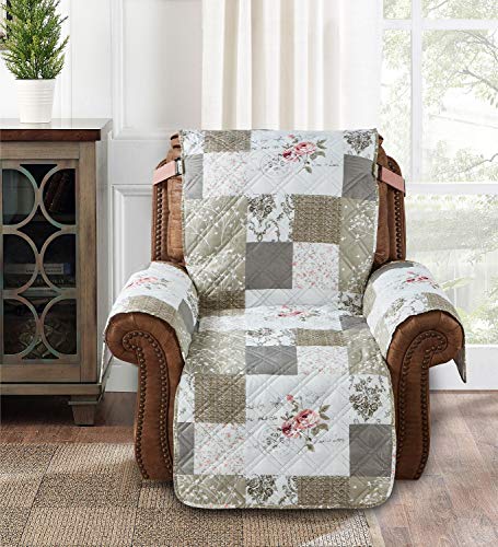 Brilliant Sunshine Pink Rose and Grey Toile Couch Recliner Cover, Patchwork Design, Sofa Cover for Dogs, Slip Resistant Furniture Protector with Strap, Washable Slipcover for Kids and Pets (26" seat)