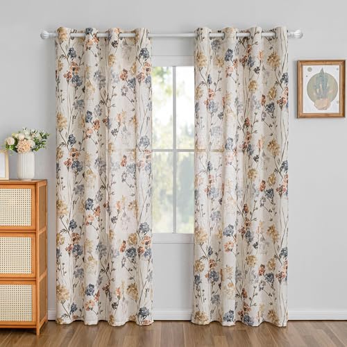 MYSKY HOME Floral Linen Curtains 84 inch Length 2 Panels Set Summer Flower Patterned Semi Sheer Light Filtering Privacy Farmhouse Grommet Drapes for Living/Dining Room, Yellow, W52 x L84, Pack-2