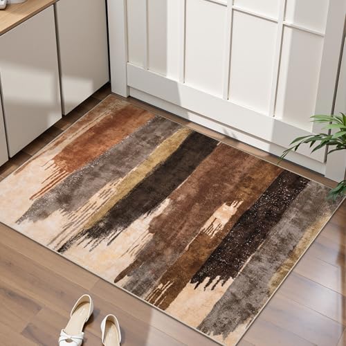 Washable Area Rug 2x3 Entryway Rug, Modern Abstract Entry Mat Brown