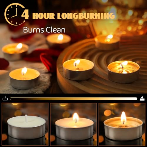 Soy Tea Lights Candles 100 Pack,4 Hours Long Burning-Natural Soy Wax Tealights Candles,Paraffin-Free,Unscented,Clean Burn Tea Lights Votive Candle Bulk for Weddings,Dinner