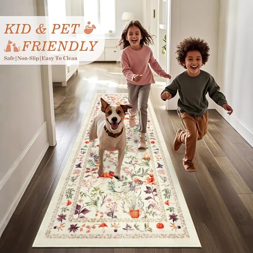 nesrt Cute Runner Rugs for Hallway 2x6ft, Non Slip Fantasy Kitchen Rug Washable, Soft Thin Jungle Fox Bedside Runners, Cute Woodland Accent Floor Carpet for Bedroom Hall Bathroom Laundry (Beige)