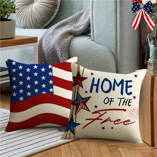 4th of July Pillow Covers 18x18 Set of 4 America Flag Stars Independence Day Decorations Home of The Free Memorial Day Patriotic Throw Cushion Case for Home Sofa Couch