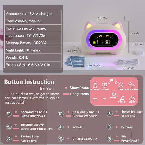 ANALOI Alarm Clock for Kids, Kids Alarm Clocks for Girls with Sleep Training Dual Alarm Eye Protection Auto Off Timer 10 Color Night Light, Cat Ok to Wake Clock, Gifts for Kids Girls