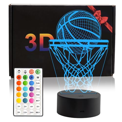 Basketball Night Light, 16 Color 3D LED Night Lamp for Boys - Basket Ball Lamps, Optical Illusion Lamp with Remote Control, Perfect for Kids' Room Décor, Cool Gifts for Basketball Lovers