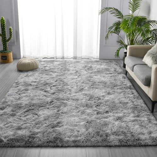 Deerhoo Large Shag Area Rugs 6 x 9, Tie-Dyed Plush Fuzzy Rug for Living Room, Ultra Soft Fluffy Furry Rugs for Bedroom, Indoor Carpet Nursery Rugs for Kids Room Home Decor, Light Grey