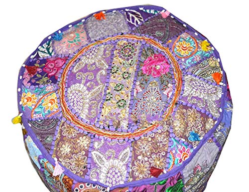 Indian Patchwork Pouf Cover Living Room Pouf, Decorative Ottoman, Embroidered Designer Ottoman, Home Living Footstool Chair Cover, Bohemian Ottoman Pouf Décor