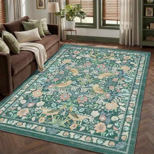Vintage Floral Area Rug 5x7, Botanical Bird Washable Living Room Rug, Non Slip Stain Resistant Low Pile Soft Carpet for Bedroom Dining Room Under Table Home Office, Dark Green