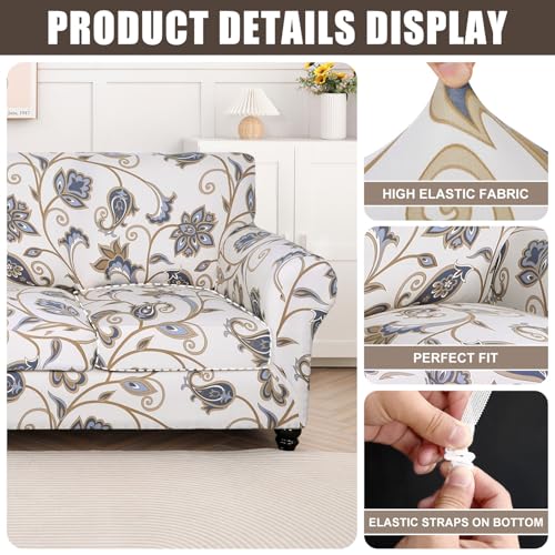 SearchI Stretch Sofa Cover Printed Couch Cover, Floral Pattern 3 Pieces Loveseat Slipcover with 2 Separate Cushion Cover, Washable Furniture Protector for Living Room(Loveseat, Love Flower)