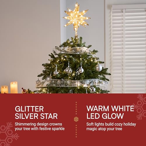 JOIEDOMI 7.8" Metal 3D Star Christmas Tree Topper Golden Glitter Decorations with 56 LED Warm White with Plug Timer Ornaments Treetop Home Holiday Party Indoor Decor