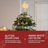 JOIEDOMI 7.8" Metal 3D Star Christmas Tree Topper Golden Glitter Decorations with 56 LED Warm White with Plug Timer Ornaments Treetop Home Holiday Party Indoor Decor