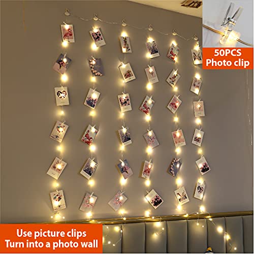 ZSJWL 3.3×5ft Short Curtain Lights with 8 Hook for Small Windows, 96 LED Warm White Photo Clips String Light with 52 Clear Clips, Remote Control 8 Modes USB Fairy Lights for Bedroom, Party, Wall