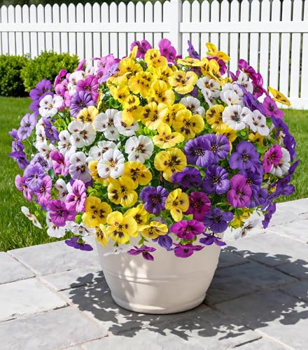 Ivydale 20PCS Artificial Fake Pansy Flowers for Outdoors Spring Sumer Decor, Faux Silk Pansies UV Resistant Plants for Front Door Porch Yard Patio Window Box Home Decor (Fuchsia Purple Yellow White)