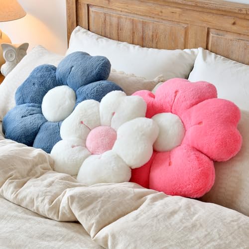 Flower Shaped Pillow, Cute Decorative Throw Pillow with Soft Artificial Rabbit Fur for Couch Bed Chair Floor, Flower Pillows Seating Cushions Room Décor for Bedroom Living Room (14.9", White)