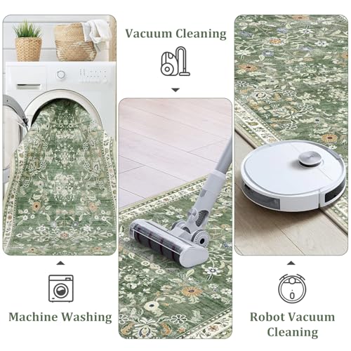 Yamaziot Washable Runner Rug 2x8 – Non Slip Boho Floral Hallway Runner Rug with Rubber Backing, Low Pile Wool Distressed Carpet for Kitchen, Laundry, Bedroom, Entrance, Mottled Green