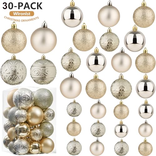 Wironlst Christmas Ball Ornaments - 30pcs Shatterproof Plastic Christmas Ornaments Hanging Ball Decorations for Xmas Tree, Holiday, Wedding, Party (Multi-Size, Champagne)