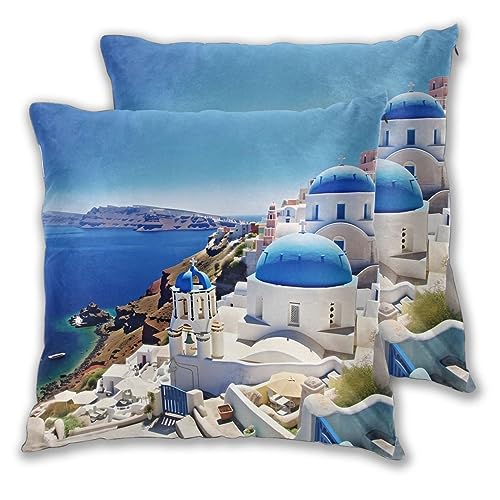 JCAKES Santorini Greek Island Sea View Print Square Pillow Set of 2 Decorative Pillows Cushion Covers for Couch Chair Bedroom (Does Not Contain Pillow Core)