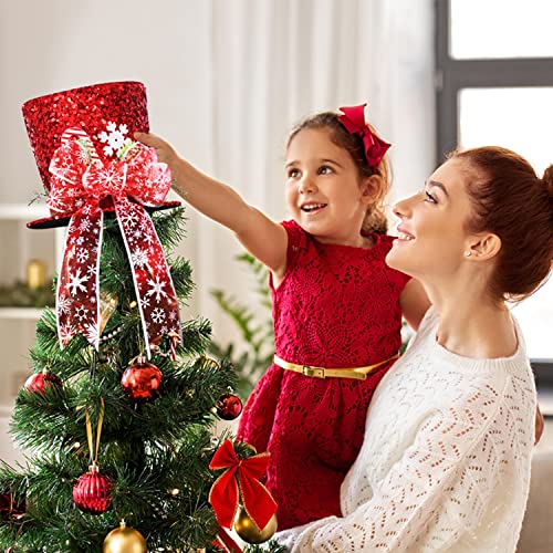 Christmas Tree Topper Hat, 2025 Red Candy Cane Bow Christmas Tree Top Toppers with 6.5ft Ribbon Light, Shiny Xmas Santa Tree Toppers Christmas Decorations for Holiday Decor