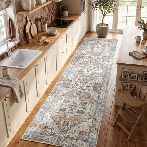 jinchan 3x10 Runner Vintage Medallion Washable Area Rug, Blue/Orange