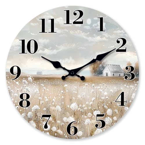 XFM Farmhouse Wall Clock Battery Operated 10 Inch Silent Non-Ticking Wooden Wall Clocks Country Flower Field Clock for Kitchen Living Room Bedroom Decor