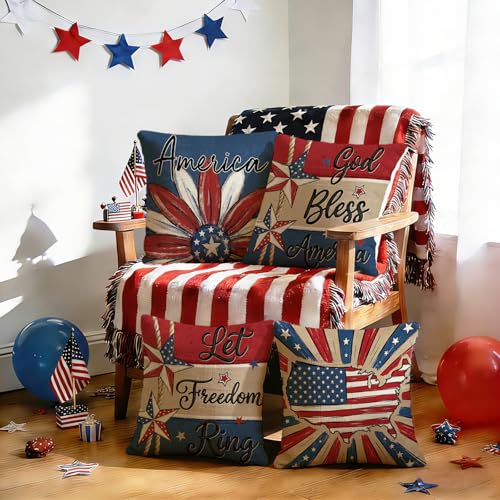 ONFAON 4th of July Freedom Throw Pillow Cover 18x18 Inch,Let Freedom Ring Stars Red White Flower Patriotic Independence Memorial Day USA Flag Cushion Case for Sofa Couch Set of 4