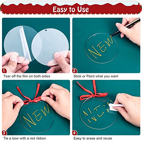 Cludoo 4 Inch Acrylic Ornaments Blanks, 30pcs Clear Round Acrylic Ornament Blanks, Acrylic Circle Disc Ornament Blanks with Hole for Vinyl, Christmas Decor, Engraving, Painting, and DIY Crafting