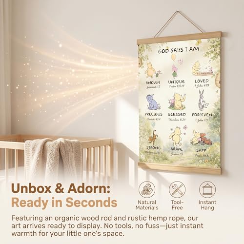 WUAWN God Says I Am Winnie The Pooh Room Decor，Biblical Affirmations for Kids Wall Art,Winnie The Pooh Baby Decorations for Nursery,Wooden Hanging Rod Religious Gifts-03