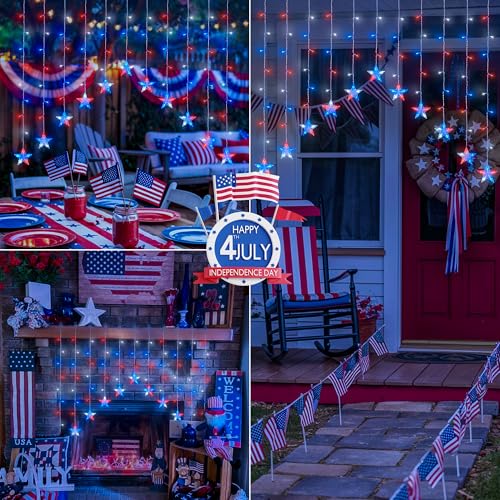 woohaha 4th of July Patriotic Star Icicle Lights,118LED Red White and Blue Curtain Window Lights,Connectable Star String Light Plug in for Independence Day,Garden,Fourth of July Decorations