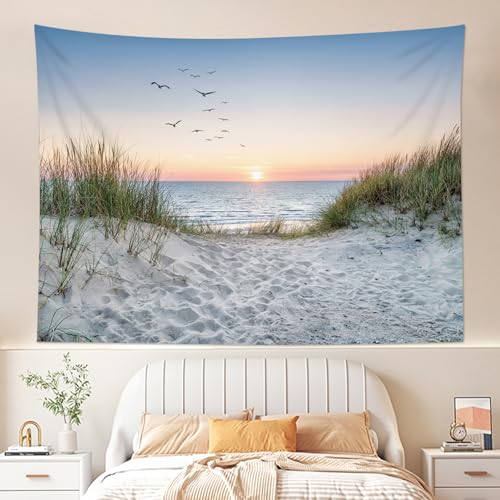 HVEST Ocean Beach Tapestry Wall Hanging, Sunset Seabird and Beach with Grass Wall Tapestry Natural Landscape Tapestries for Bedroom Living Room Dorm Decoration, 60x40 Inches