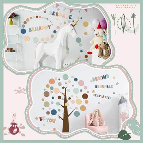 TaoBary 332 Pieces Polka Dots Wall Decals for Classroom Kids Wall Sticker Inspirational Circle Phrases Decal Sticker Letter Be Thankful, Be Brave Decal for Classroom Nursery Playroom(Boho)