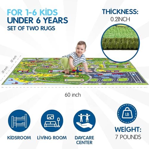 Booooom Jackson 2 Pack Car Rug,Non Slip Train Track Car Mat,Durable Road Play Area Kids Rug,Vibrant Kids Carpet for Playroom,Bedroom,Easy Store and Clean