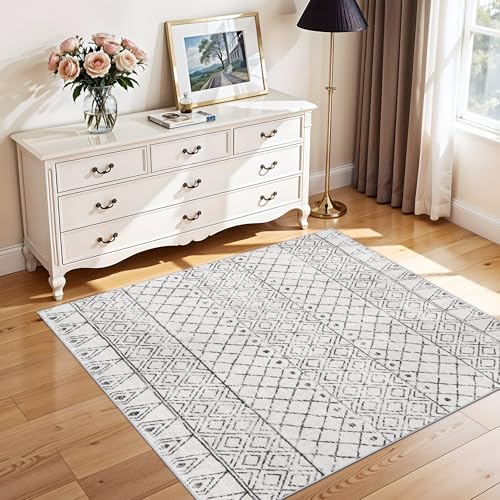 Washable Square 4x4 Moroccan Rug:Modern Boho Non Slip Area Rugs Grey