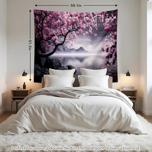QGHOT Japanese Cherry Blossom Tapestry Wall Hanging Asian Anime Nature Mountain Wall Art Calming Lake Ocean Tapestries for Bedroom Living Room Decor 60x50in