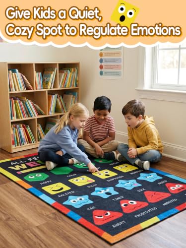 36''x60'' Calm Down Corner Supplies Classroom Rug - Non-Slip Backing with 8 Grippers, Feelings Chart Kids Reading Rug for Preschool Nursery Back to School Classroom Decor, Raibow & Black