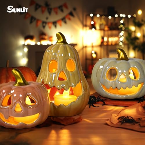 Sunlit Ceramic Pumpkin with 3 Tea Lights, Jack O Lantern Candle Holder Set of 3, Tabletop Indoor Halloween Decorations for Holiday Party Home, Pearl Finish