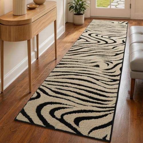 Zebra Runner Rugs 2x8: Black and Beige Washable Hallway Rug