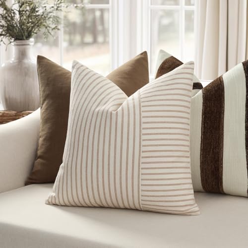 YCOLL Farmhouse Pillow Covers 16x16, Modern Accent Square Throw Pillow Covers Set of 2, Khaki and Beige Striped Patchwork Linen Decorative Pillows Cushion Covers for Couch Chair Bedroom Home Decor