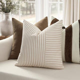 YCOLL Farmhouse Pillow Covers 22x22, Modern Accent Square Throw Pillow Covers Set of 2, Khaki and Beige Striped Patchwork Linen Decorative Pillows Cushion Covers for Couch Chair Bedroom Home Decor