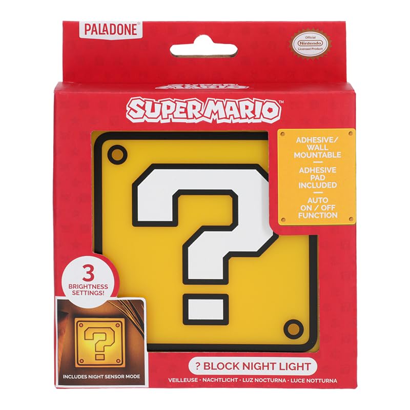 Paladone Super Mario Question Block Night Light, Auto Night Sensor & Portable with Wall Adhesive, Licensed Nintendo Box Lamp