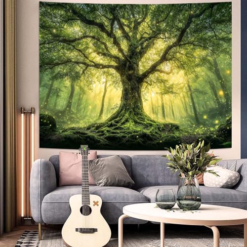 Zussun Green Tree of Life Tapestry Fantasy Fairy Forest Wall Tapestry for Bedroom Aesthetic Nature Misty Woodland Small Tapestries Wall Hanging for Dorm Living Room Decor 48 x 36 Inch
