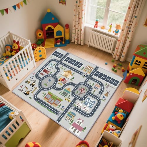 Kids Rug Mat Carpet 5×7ft, Car Rugs for Kids Toy Cars, Non Slip Floor Mats for Children, Educational Area Play Rugs for Children's Playroom Bedroom