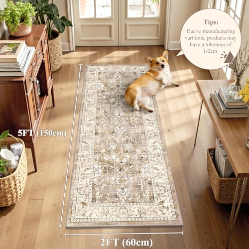 LOKHOM 2x5 Hallway Runnner Rugs, Boho Non-Slip Washable Kitchen Rugs, Beige