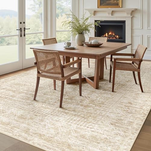 Living Room Rugs 8x10: Washable Moroccan Geometric Boho Rug Farmhouse Non Slip Stain Resistant Large Rug Low Pile Soft Carpet for Bedroom Dining Room Children Room (Beige,8'x10')