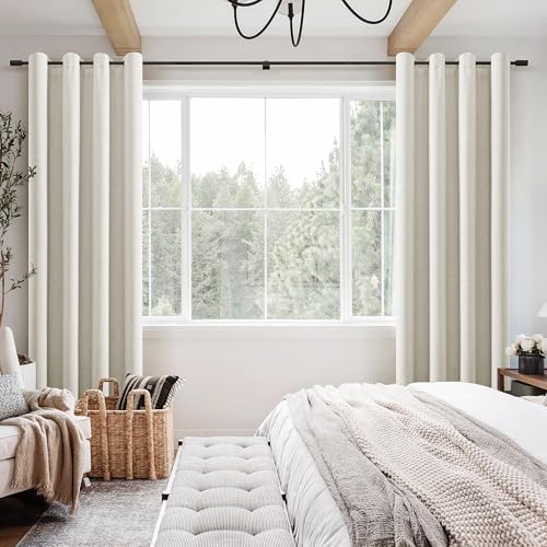 Cream Linen Blackout Curtains 84 Length 2 Panels Set for Living Room Bedroom, 100% Black Out Thermal Insulated Linen Drapes, Room Darkening Grommet Curtains 84 Inches Long Natural Beige
