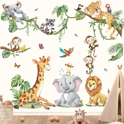 decalmile Safari Animals Tree Branch Wall Stickers Jungle Animals Giraffe Elephant Leopard Tropical Leaves Wall Decals Baby Nursery Kids Room Wall Decor