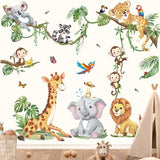 decalmile Safari Animals Tree Branch Wall Stickers Jungle Animals Giraffe Elephant Leopard Tropical Leaves Wall Decals Baby Nursery Kids Room Wall Decor