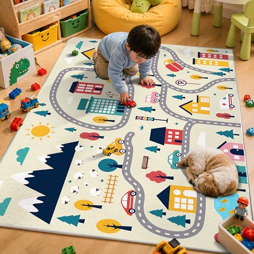 Enkor Kids Rugs, Non Slip 3' x 5' Road Playmat Carpet for Children, City Map Rugs for Playroom Bedroom Living Room Beige